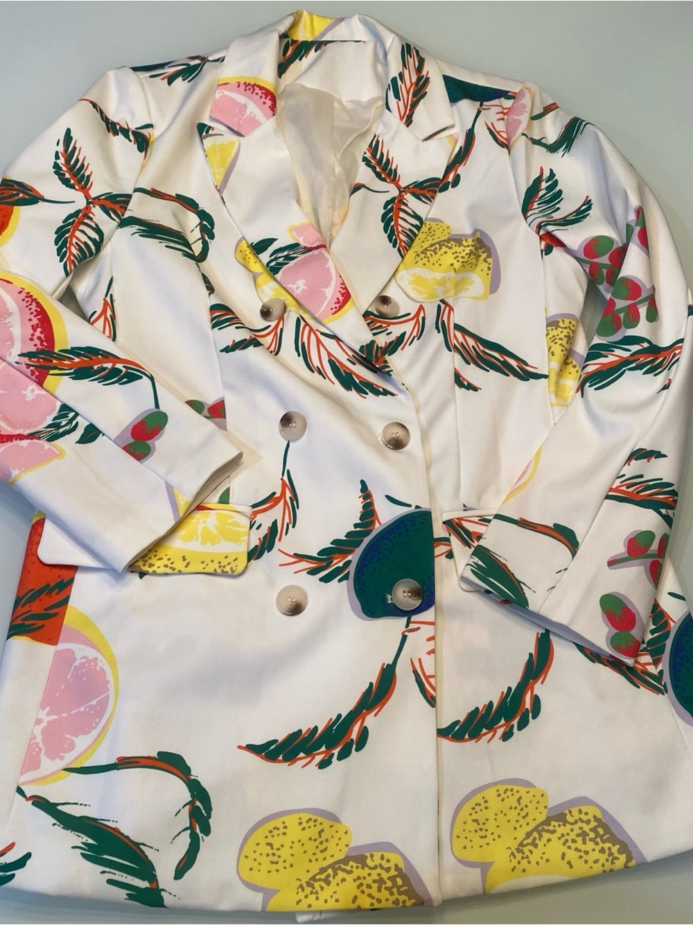 Citrus Lemon Grapefruit Print Double Breasted Longline Blazer Jacket Size Large